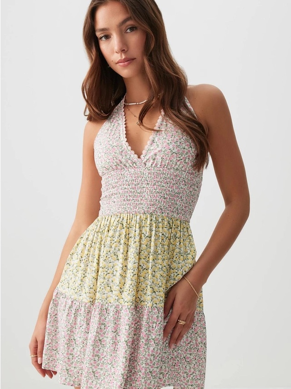 Floral and Lemons Tiered Sun Dress with Halter Tie